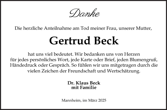 Traueranzeige von Gertrud Beck von Mannheimer Morgen