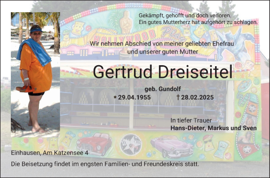 Traueranzeige von Gertrud Dreiseitel von Bergsträßer Anzeiger