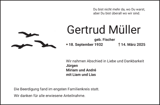 Traueranzeige von Gertrud Müller von Bergsträßer Anzeiger