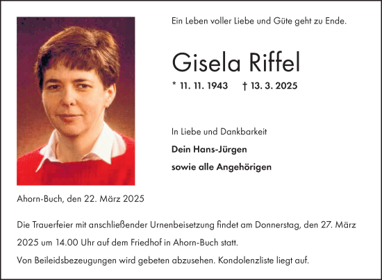 Traueranzeige von Gisela Riffel von Fränkische Nachrichten
