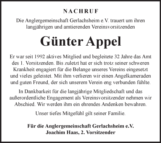 Traueranzeige von Günter Appel von Fränkische Nachrichten