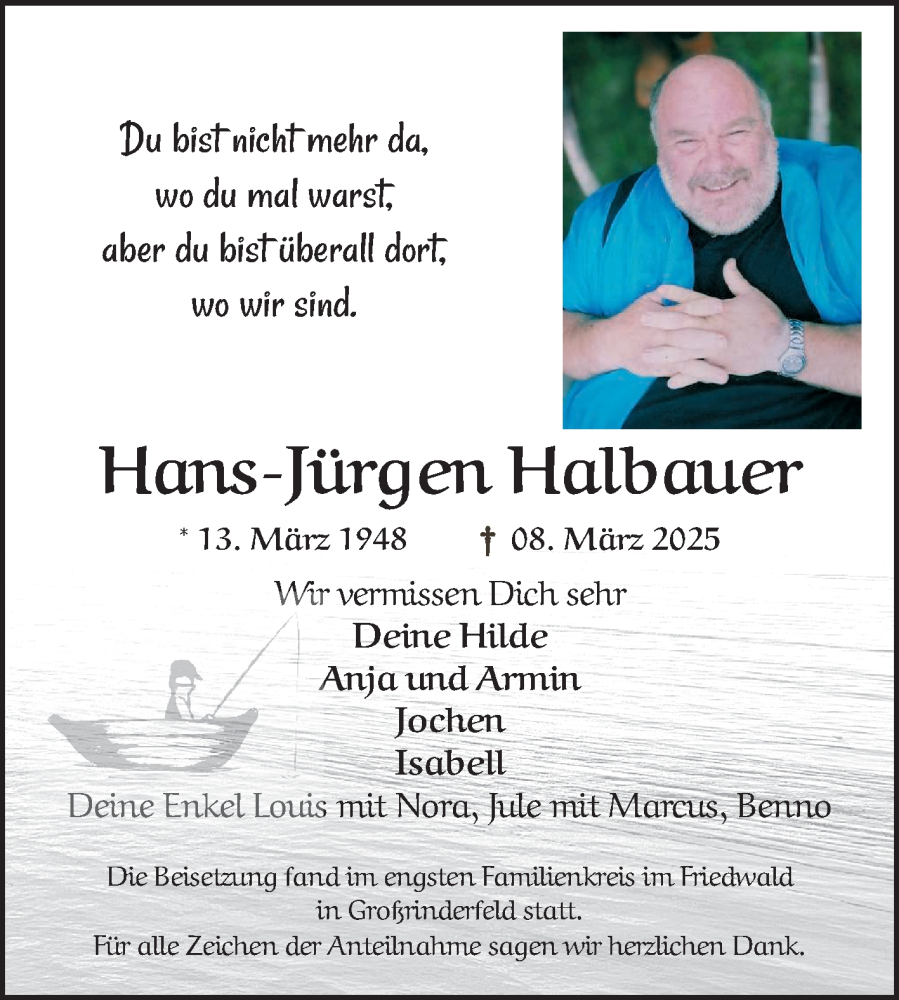  Traueranzeige für Hans-Jürgen Halbauer vom 29.03.2025 aus Fränkische Nachrichten