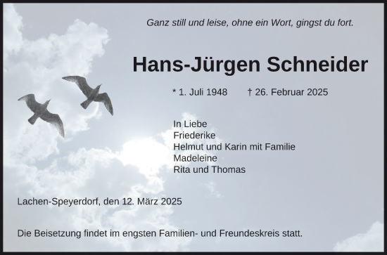 Traueranzeige von Hans-Jürgen Schneider von Schwetzinger Zeitung