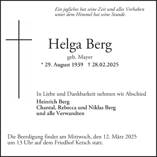 Traueranzeige von Helga Berg von Schwetzinger Zeitung