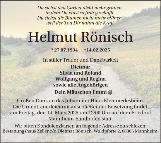 Traueranzeige von Helmut Rönisch von Mannheimer Morgen