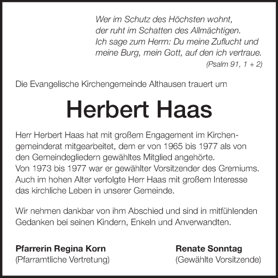 Traueranzeige von Herbert Haas von Fränkische Nachrichten