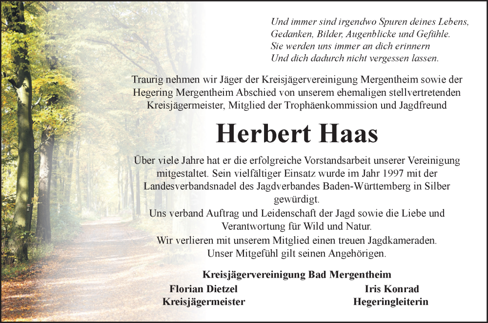  Traueranzeige für Herbert Haas vom 06.03.2025 aus Fränkische Nachrichten