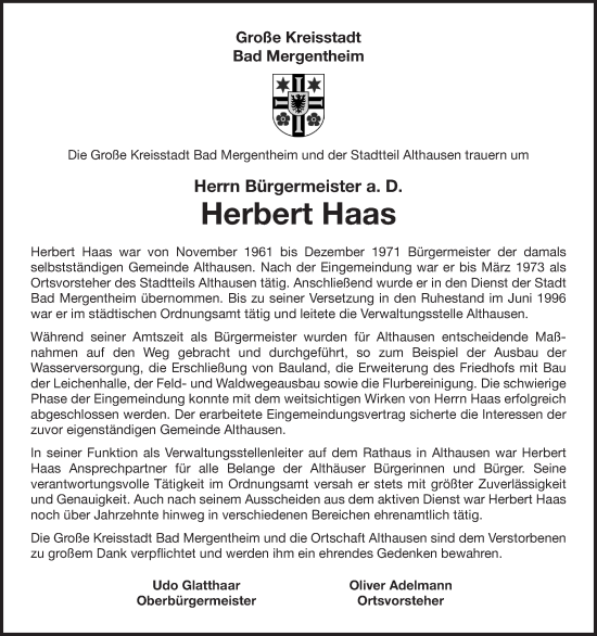 Traueranzeige von Herbert Haas von Fränkische Nachrichten