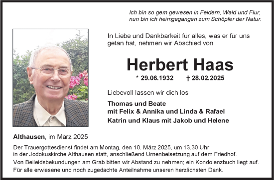 Traueranzeige von Herbert Haas von Fränkische Nachrichten