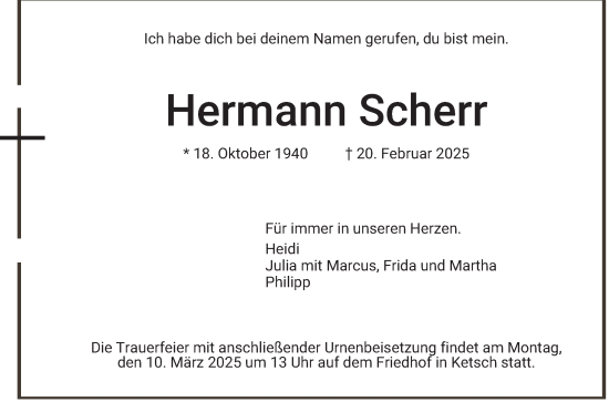 Traueranzeige von Hermann Scherr von Schwetzinger Zeitung