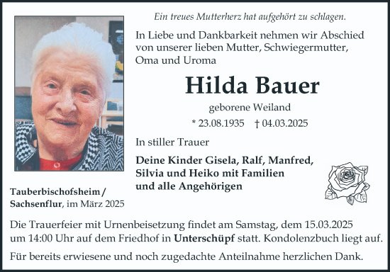 Traueranzeige von Hilda Bauer von Fränkische Nachrichten