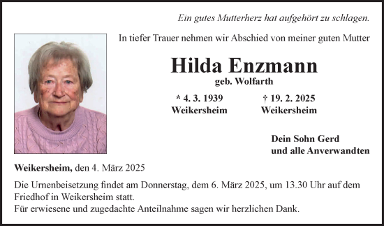 Traueranzeige von Hilda Enzmann von Fränkische Nachrichten