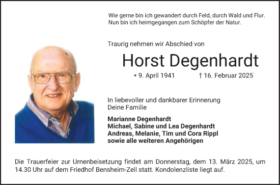 Traueranzeige von Horst Degenhardt von Bergsträßer Anzeiger