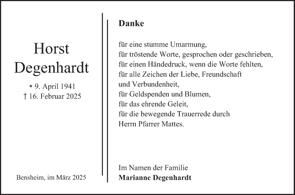  Traueranzeige für Horst Degenhardt vom 22.03.2025 aus Bergsträßer Anzeiger