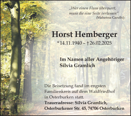 Traueranzeige von Horst Hemberger von Fränkische Nachrichten