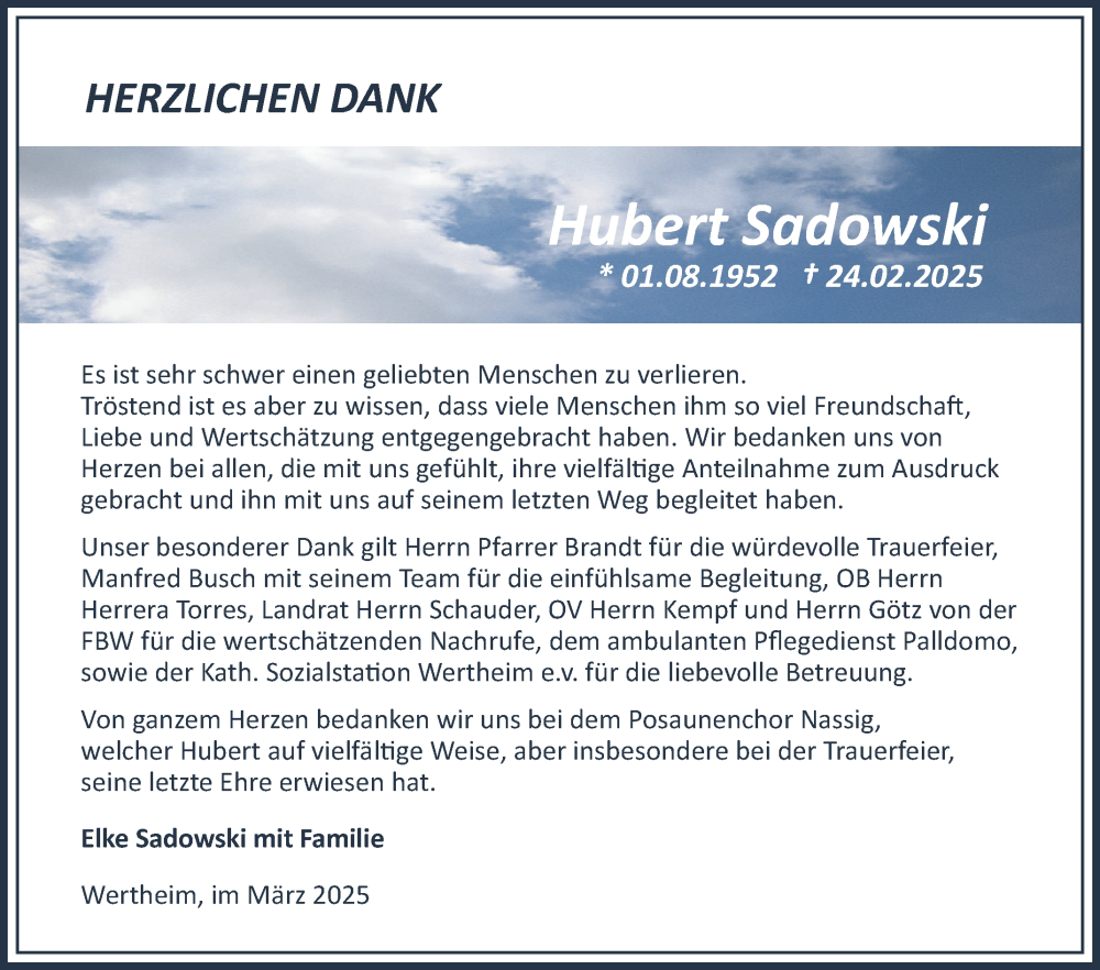  Traueranzeige für Hubert Sadowski vom 22.03.2025 aus Fränkische Nachrichten