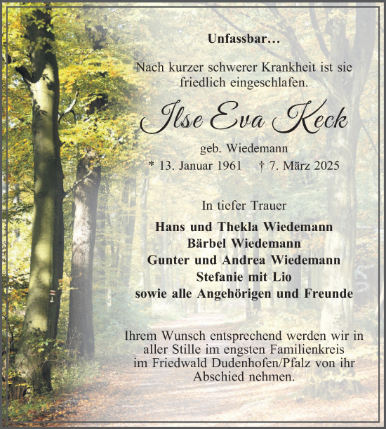 Traueranzeige von Ilse Eva Keck von Schwetzinger Zeitung