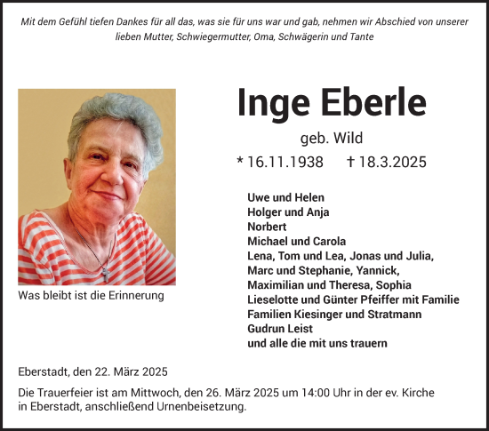 Traueranzeige von Inge Eberle von Fränkische Nachrichten