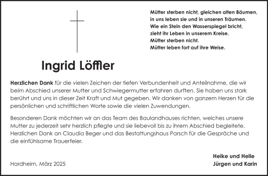 Traueranzeige von Ingrid Löffler von Fränkische Nachrichten