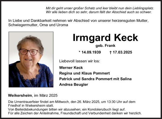 Traueranzeige von Irmgard Keck von Fränkische Nachrichten