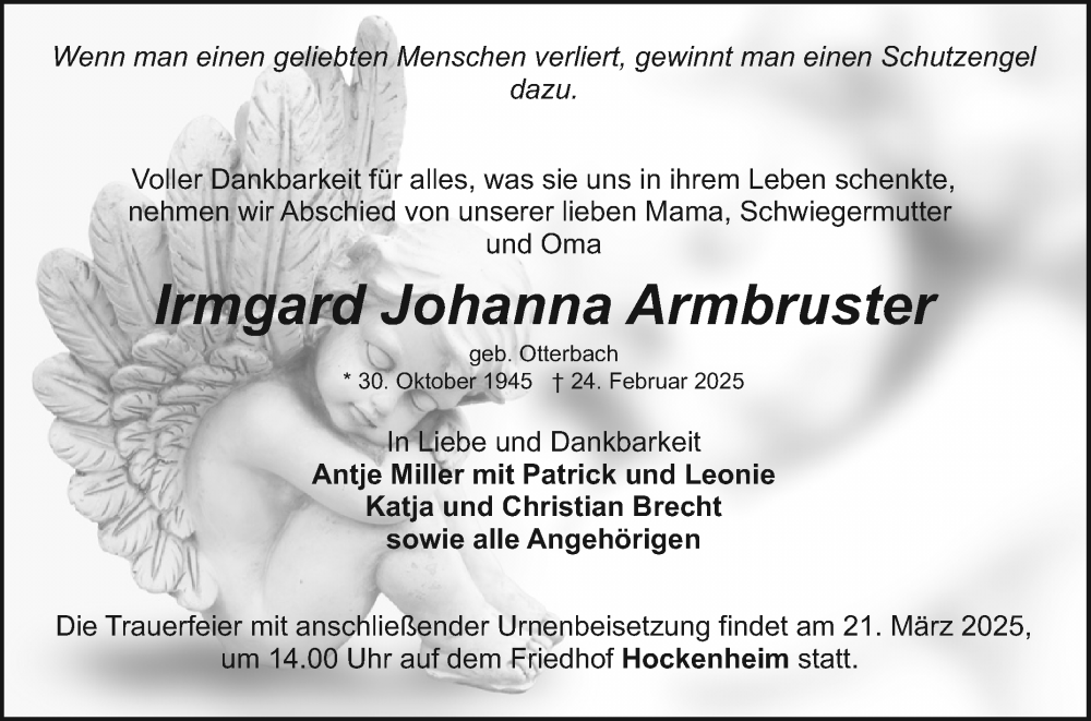  Traueranzeige für Irmgard Johanna Armbruster vom 15.03.2025 aus Schwetzinger Zeitung