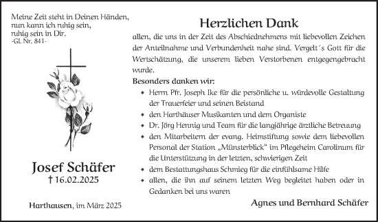 Traueranzeige von Josef Schäfer von Fränkische Nachrichten