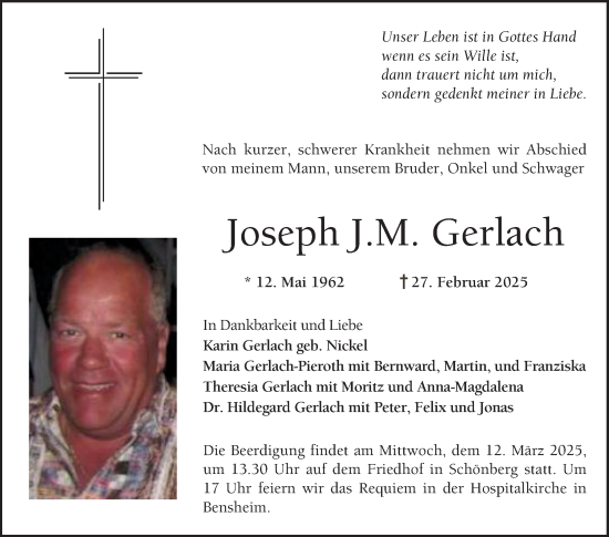 Traueranzeige von Joseph J.M. Gerlach von Bergsträßer Anzeiger