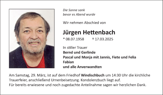 Traueranzeige von Jürgen Hettenbach von Fränkische Nachrichten