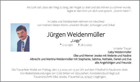 Traueranzeige von Jürgen Weidenmüller von Fränkische Nachrichten