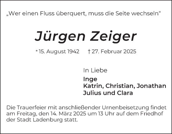 Traueranzeige von Jürgen Zeiger von Mannheimer Morgen