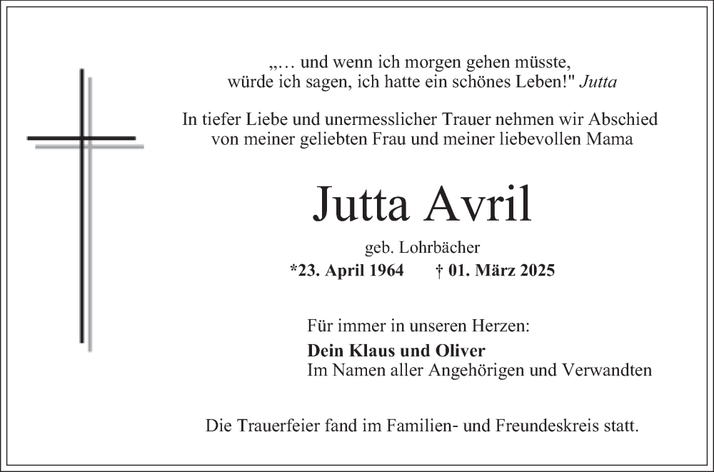  Traueranzeige für Jutta Avril vom 15.03.2025 aus Mannheimer Morgen