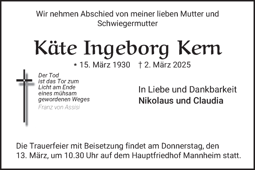  Traueranzeige für Käte Ingeborg Kern vom 08.03.2025 aus Mannheimer Morgen