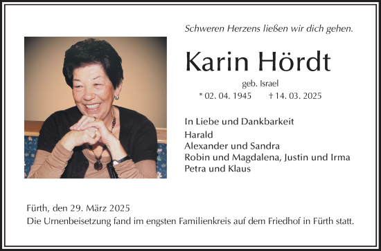 Traueranzeige von Karin Hördt von Bergsträßer Anzeiger