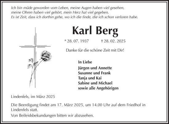 Traueranzeige von Karl Berg von Bergsträßer Anzeiger