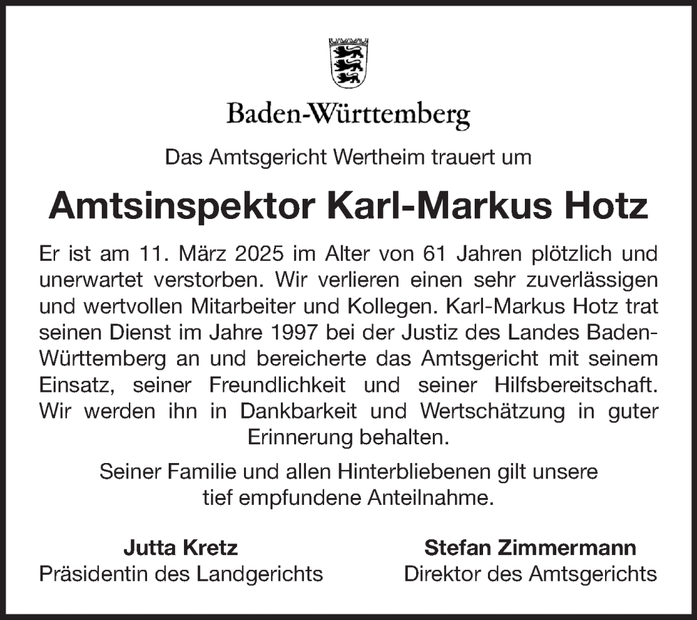  Traueranzeige für Karl-Markus Hotz vom 22.03.2025 aus Fränkische Nachrichten