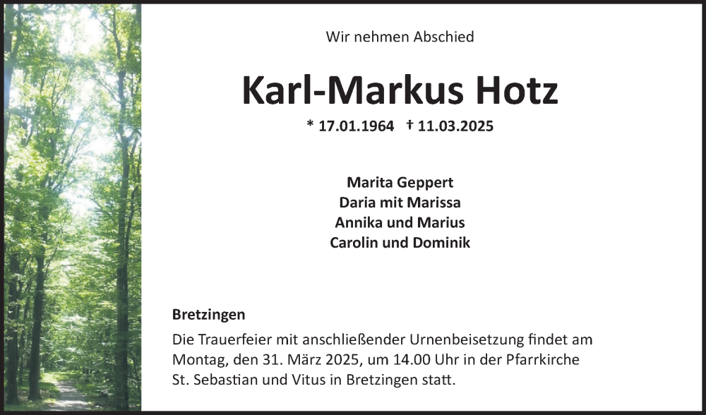  Traueranzeige für Karl-Markus Hotz vom 22.03.2025 aus Fränkische Nachrichten