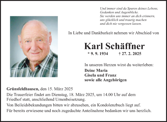 Traueranzeige von Karl Schäffner von Fränkische Nachrichten