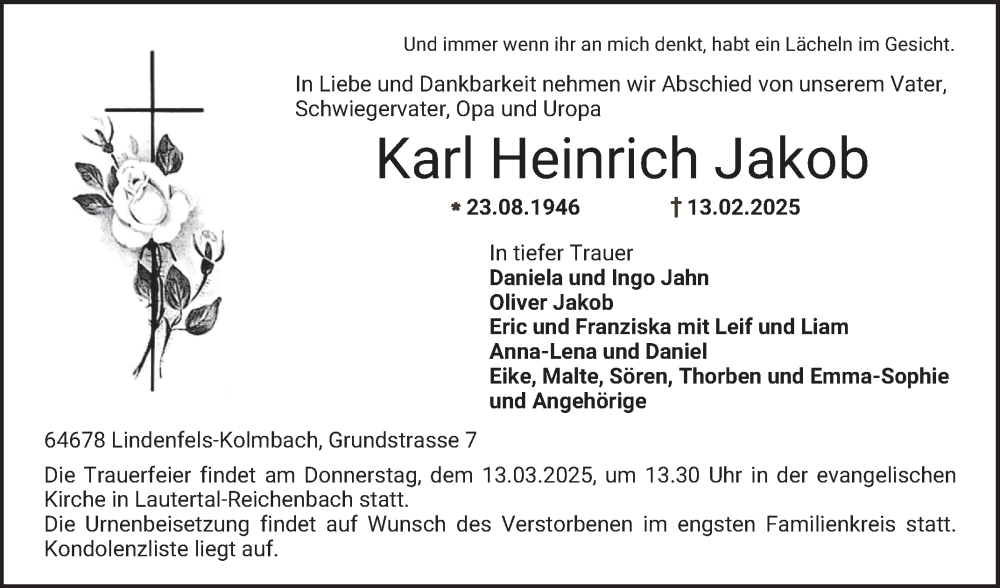  Traueranzeige für Karl Heinrich Jakob vom 11.03.2025 aus Bergsträßer Anzeiger