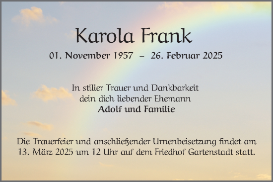 Traueranzeige von Karola Frank von Mannheimer Morgen