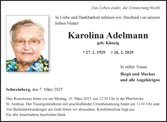 Traueranzeige von Karolina Adelmann von Fränkische Nachrichten