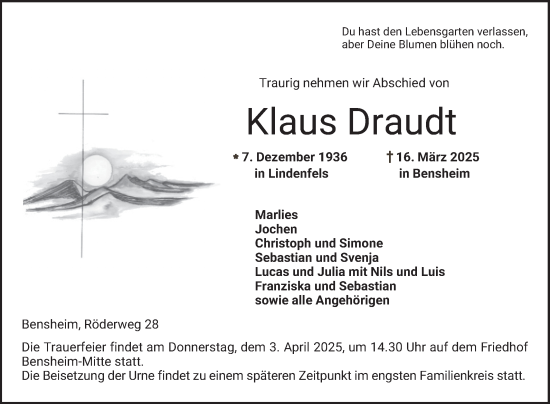 Traueranzeige von Klaus Draudt von Bergsträßer Anzeiger