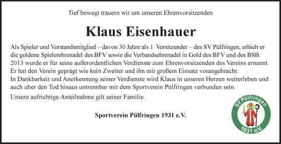 Traueranzeige von Klaus Eisenhauer von Fränkische Nachrichten