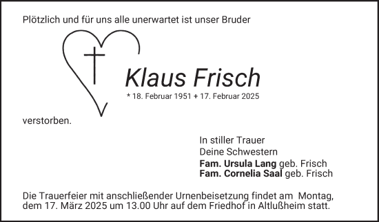 Traueranzeige von Klaus Frisch von Schwetzinger Zeitung