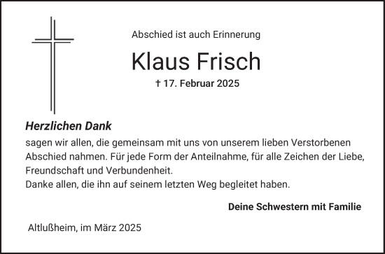Traueranzeige von Klaus Frisch von Schwetzinger Zeitung