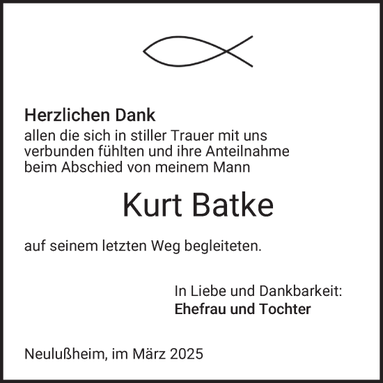 Traueranzeige von Kurt Batke von Schwetzinger Zeitung