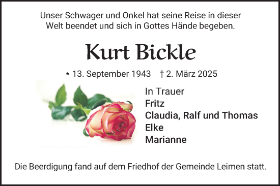 Traueranzeige von Kurt Bickle von Schwetzinger Zeitung