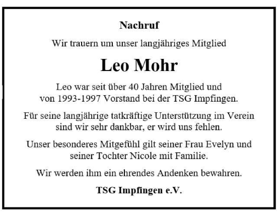 Traueranzeige von Leo Mohr von Fränkische Nachrichten