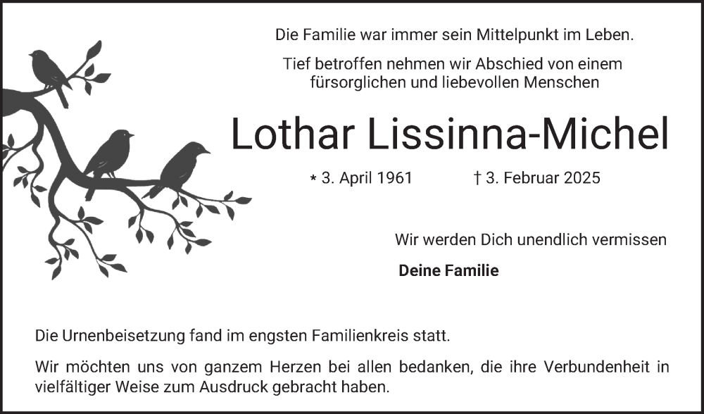  Traueranzeige für Lothar Lissinna-Michel vom 15.03.2025 aus Bergsträßer Anzeiger