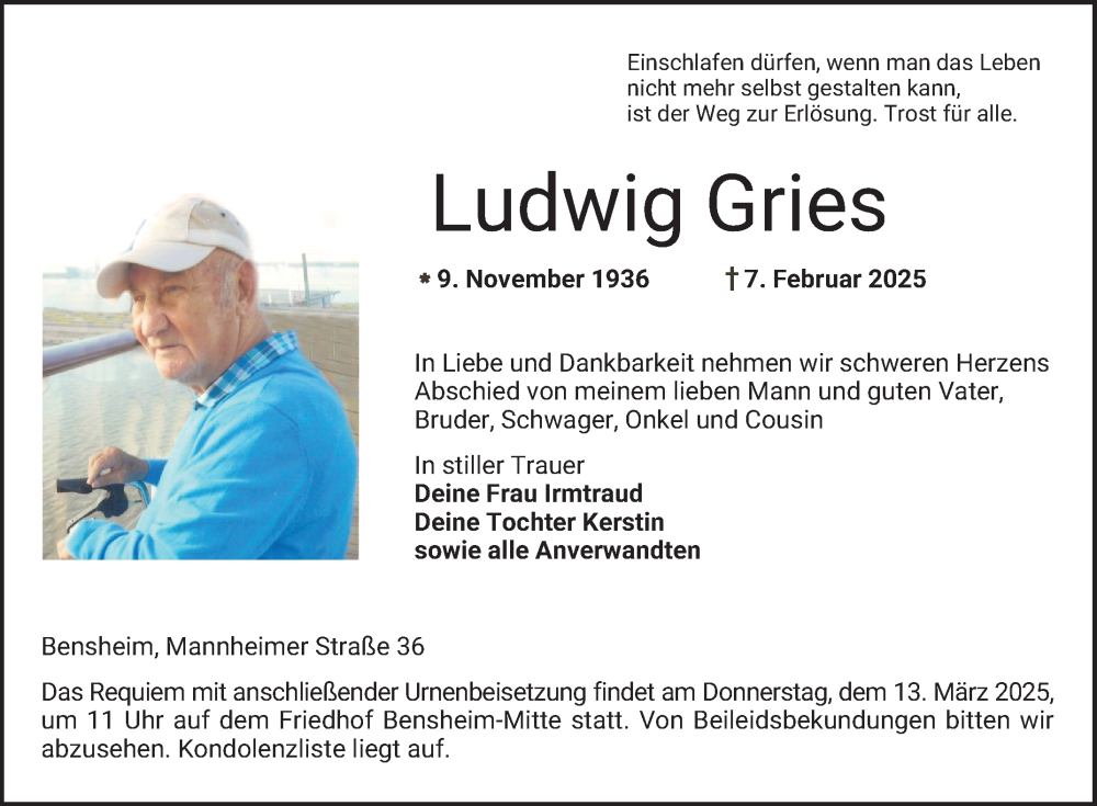  Traueranzeige für Ludwig Gries vom 08.03.2025 aus Bergsträßer Anzeiger