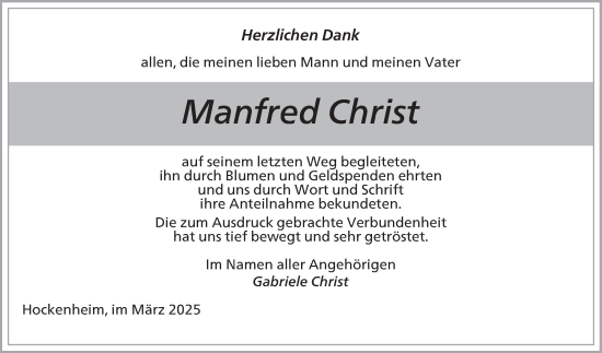 Traueranzeige von Manfred Christ von Schwetzinger Zeitung
